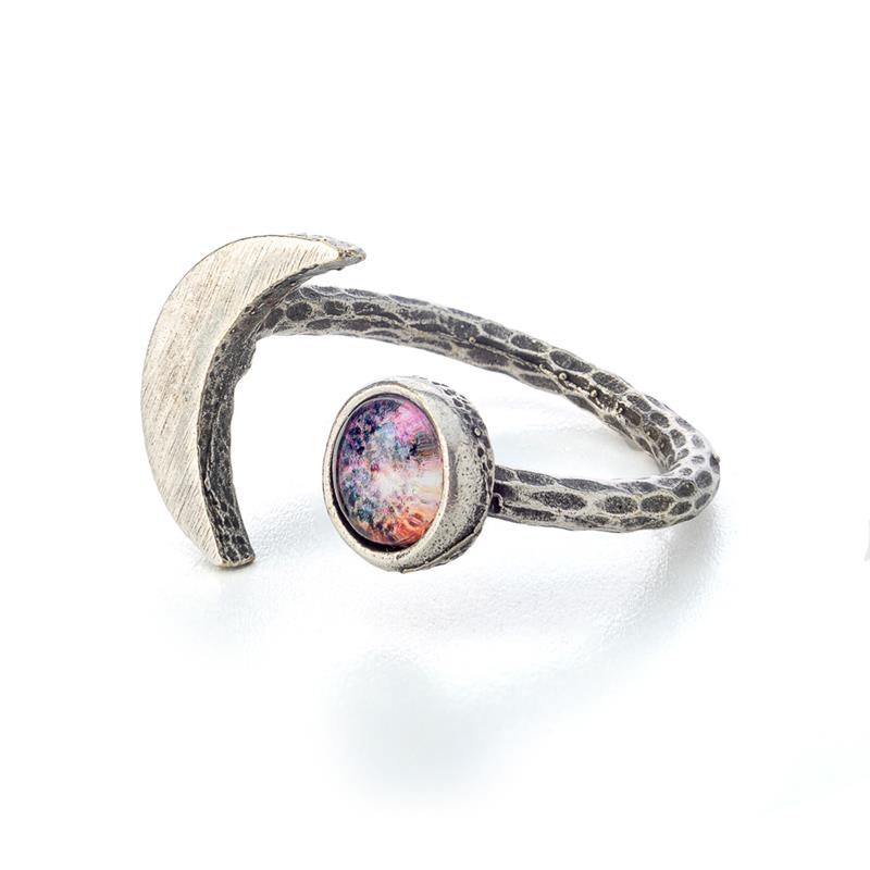 Crescent Moon Galaxy Ring - Antique Silver,CRESRING